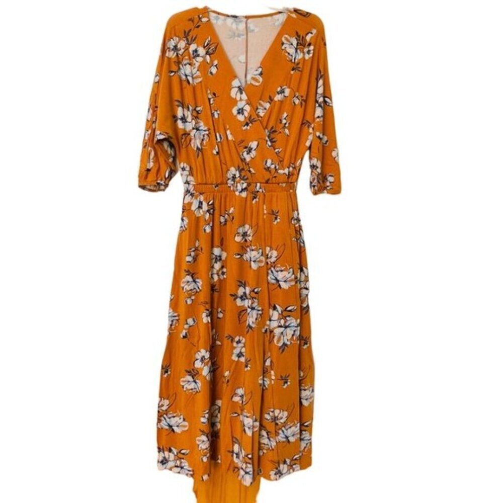 Garnet Hill Midi Dress Womens Small Floral Yellow V Neck Boho Stretch Tencel